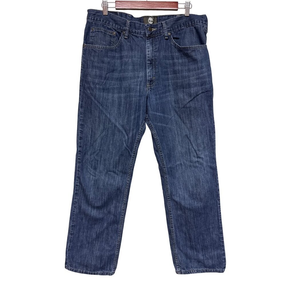 Timberland Men's Jeans Blue Denim Straight Leg Button Zip Cotton Size 36